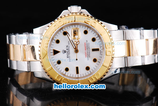 Rolex Yacht-Master Oyster Perpetual Chronometer Automatic Two Tone with White Shell Dial,Gold Bezel and Black Round Bearl Marking-Small Calendar - Click Image to Close